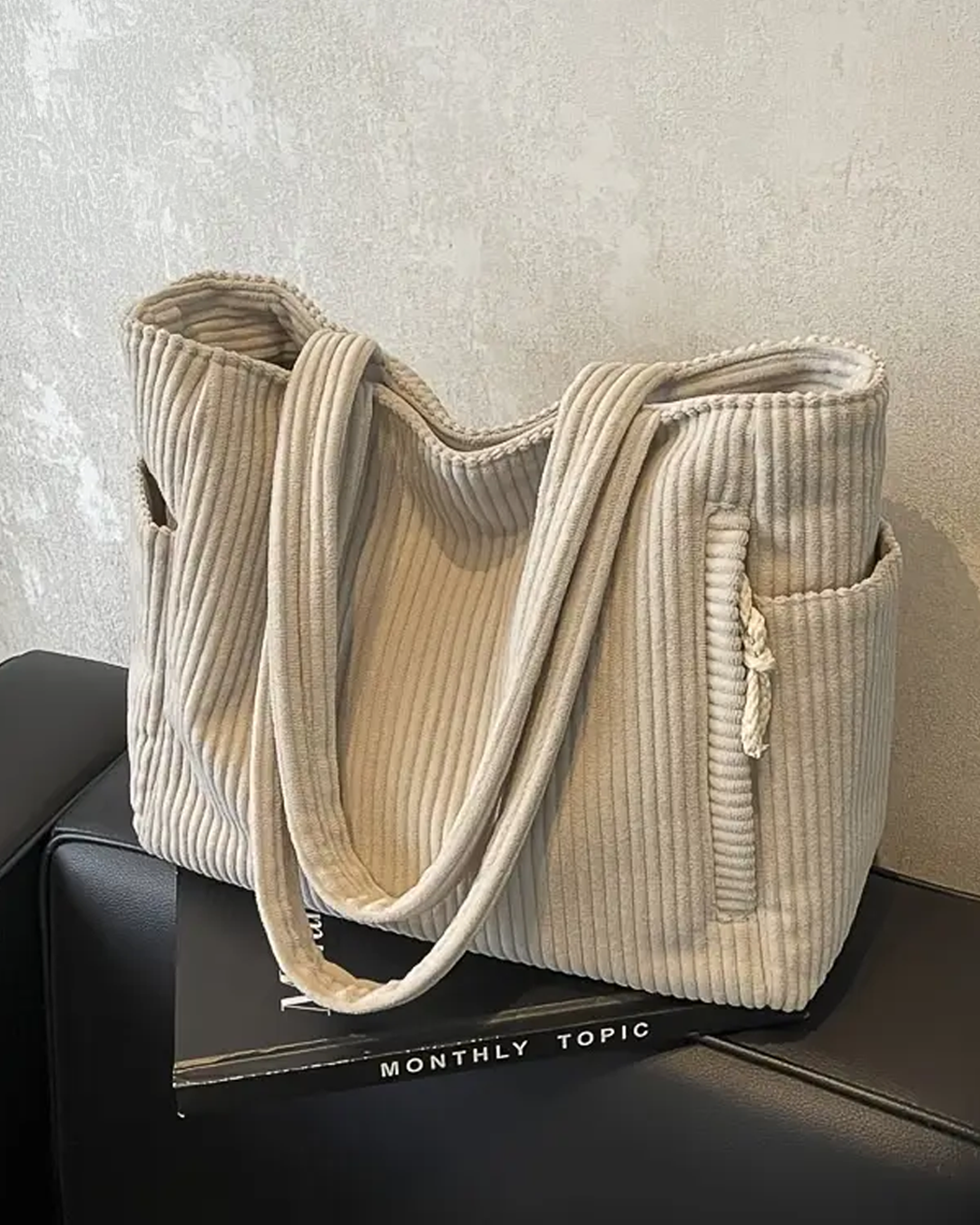 Valentina | Ribbed tote bag with drawstring detail