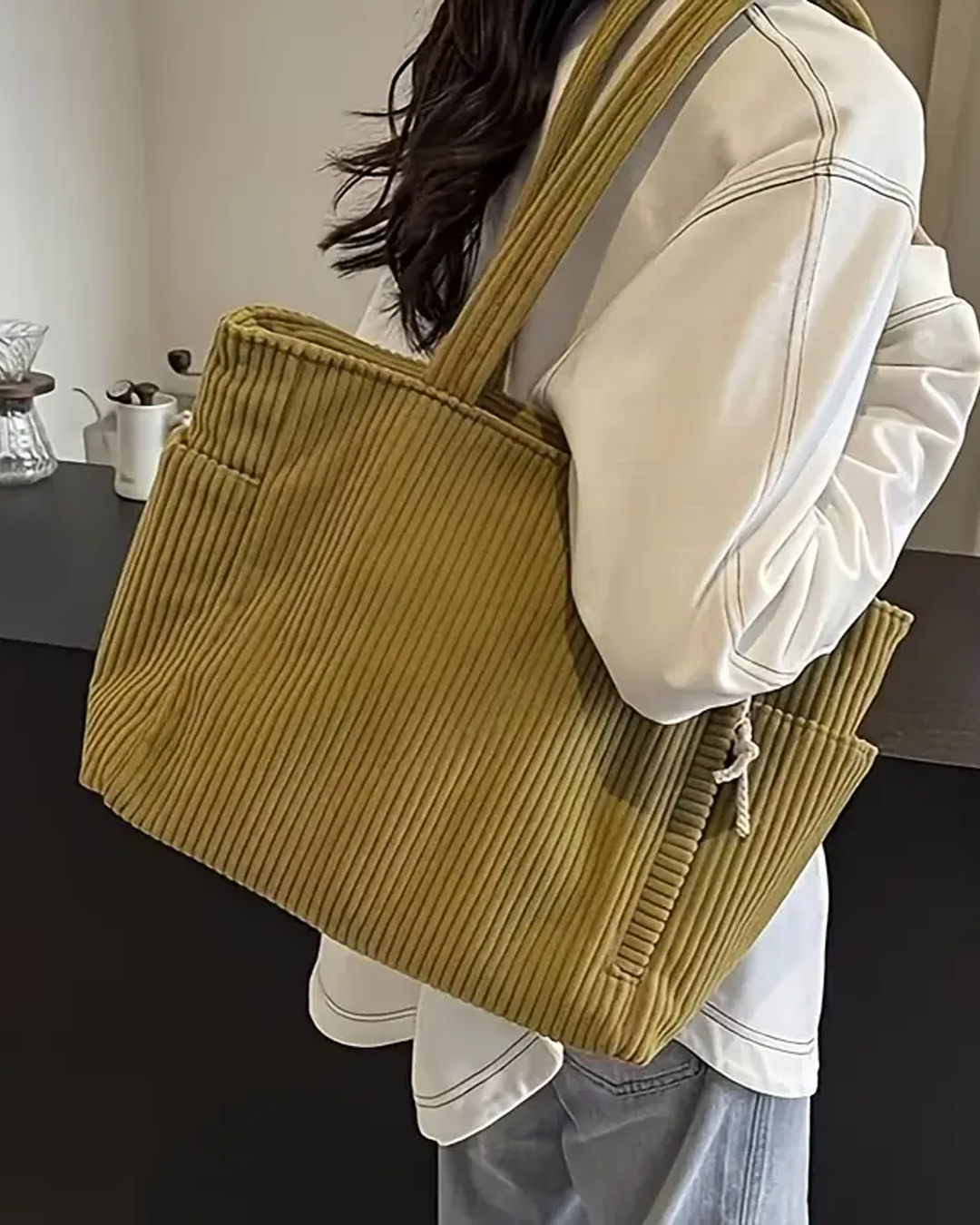 Valentina | Ribbed tote bag with drawstring detail
